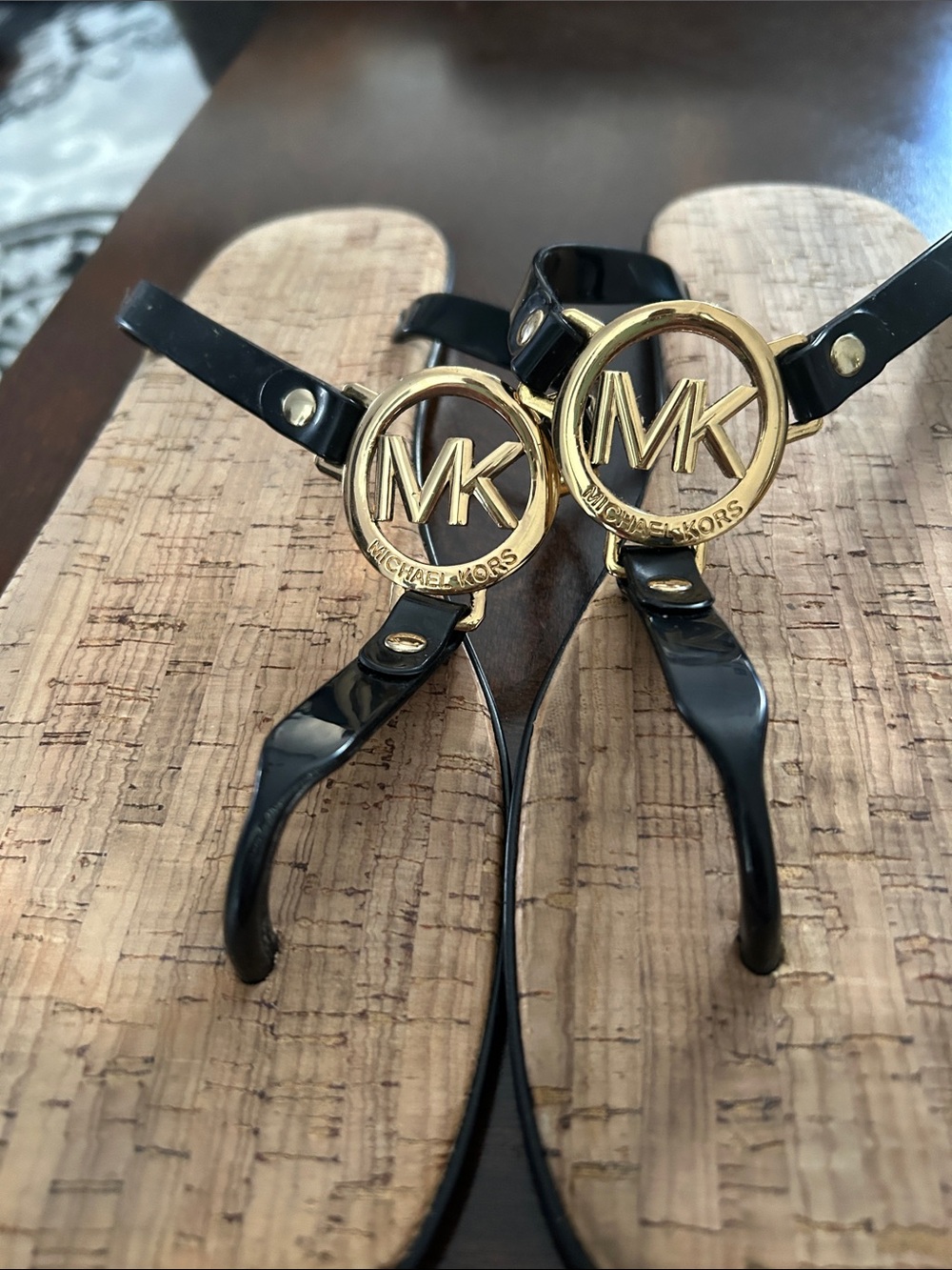 Michael Kors Black Patent Thong Sandals with Gold MK Medallions